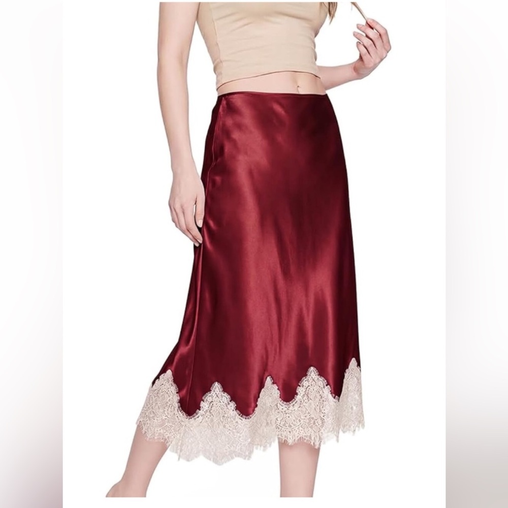 Satin Midi Skirt with Lace Hem High Waist A-Line Flowy Women's